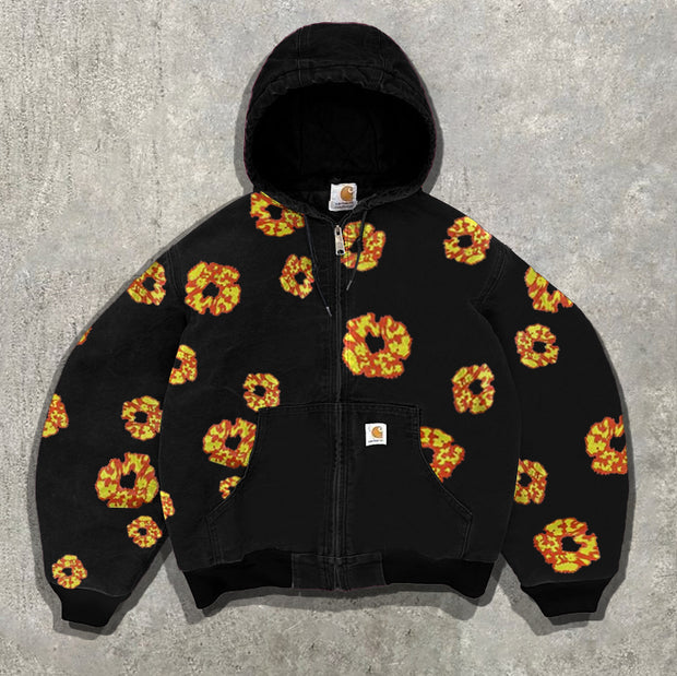 Vintage print distressed fleece jacket