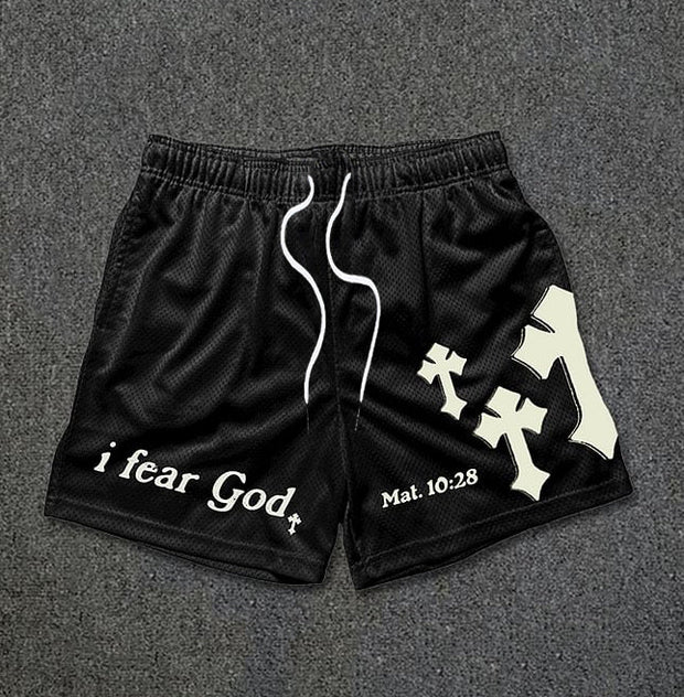 Cross & Letters Print Mesh Shorts