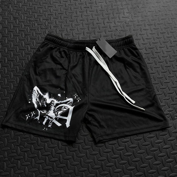 vintage angel print stretch shorts