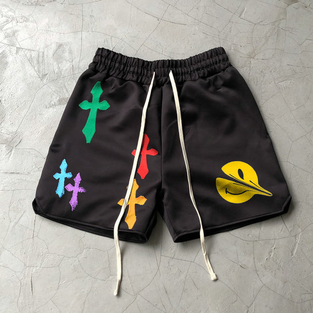Multicolor Cross Smiley Pattern Vintage Shorts