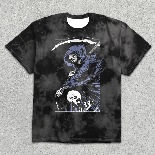 Skull Print Tie-Dye Short Sleeve T-Shirt