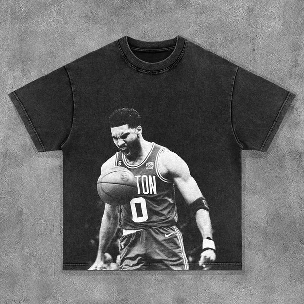 Jayson Tatum Print Washed Short Sleeve T-Shirt