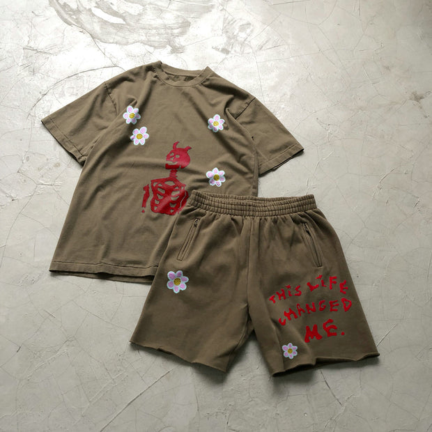 Retro Casual Skull Fashion Short Sleeve Shorts Set