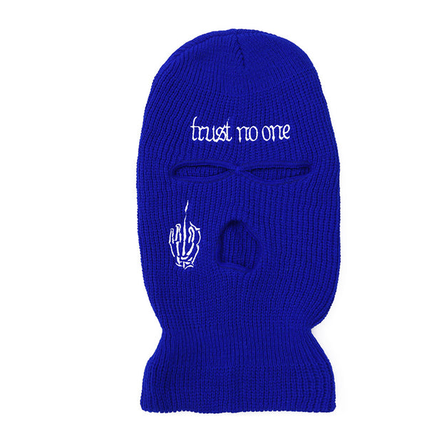 Embroidered warm letter wool hat outdoor windproof hip-hop mask head cover three-hole knitted hat