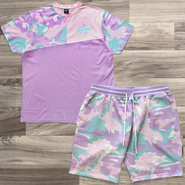 Colorblock Pattern Short Sleeve Two Piece Set