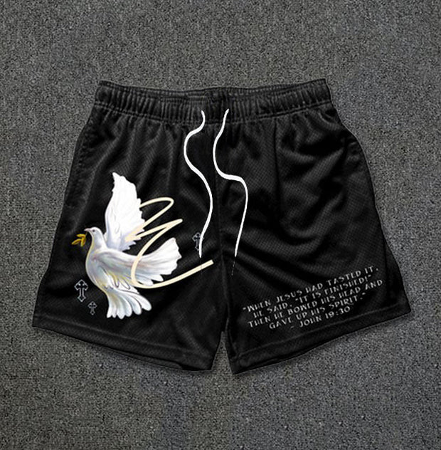 Dove Of Peace & Letters Print Mesh Shorts