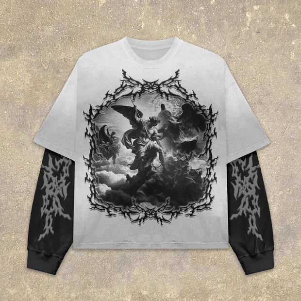 Angel Wing Fake Two Print Long Sleeve T-Shirt