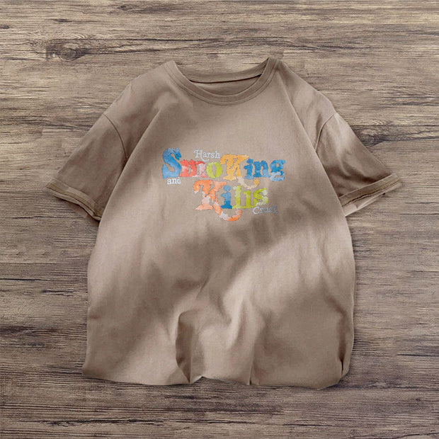 Contrast print round neck short-sleeved T-shirt