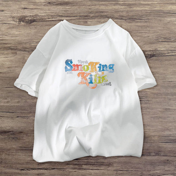 Contrast print round neck short-sleeved T-shirt