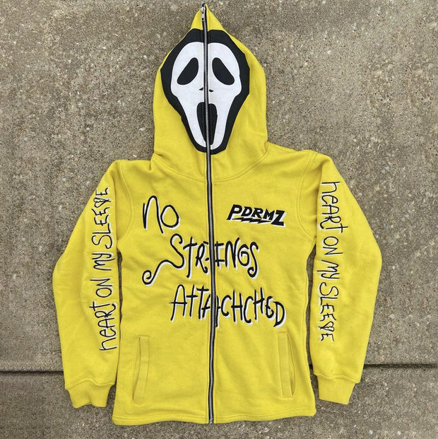 Trendy Long Sleeve Skull Print Zip Hoodie
