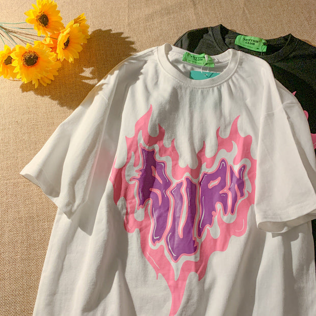 PeterWoo Love Print Casual Loose Short Sleeve T-shirt