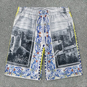 Printed Landscape Vintage Loose Shorts Shirt Set