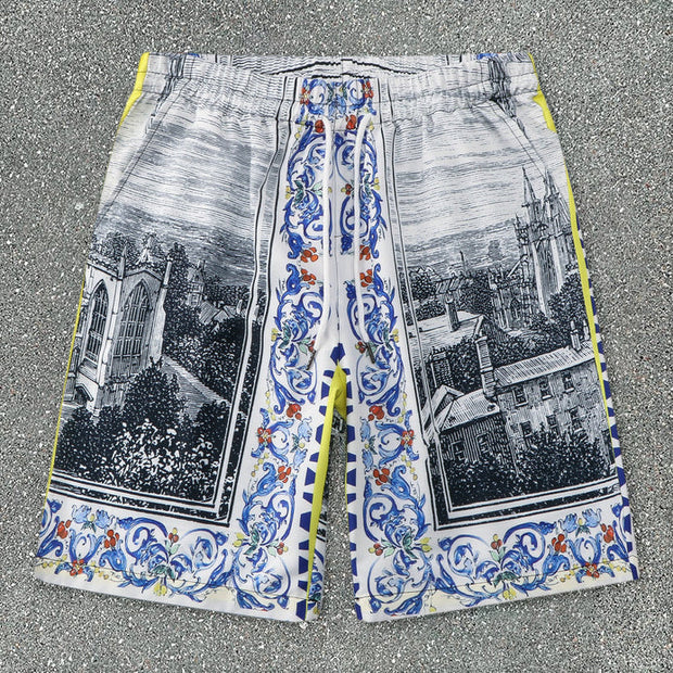Printed Landscape Vintage Loose Shorts Shirt Set