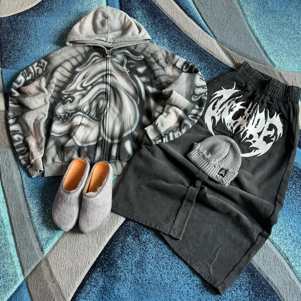 Bulldog Casual Street Zip-Up Hoodie Pants Two-Piece Set