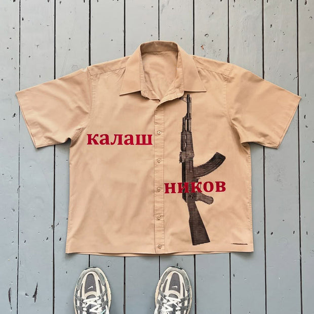 Letters Toy Print Button Short Sleeve Shirt