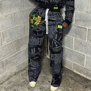 Letter Graffiti Printed Pocket Sweatshirt Pants