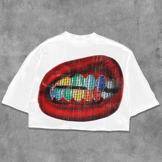 Lips Multi-color Teeth Printed Three-quarter Sleeve T-shirt