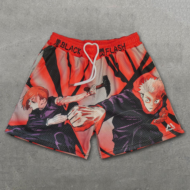 Black Flash Print Mesh Drawstring Shorts