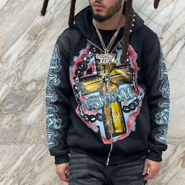 Personalized cross print rhinestone zip-up hoodie