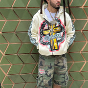 Personalized cross print rhinestone zip-up hoodie