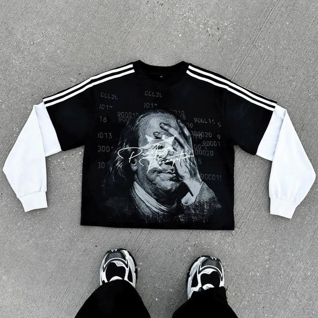 Money Blinds Your Eyes Casual Street Stitching Long Sleeve T-Shirt