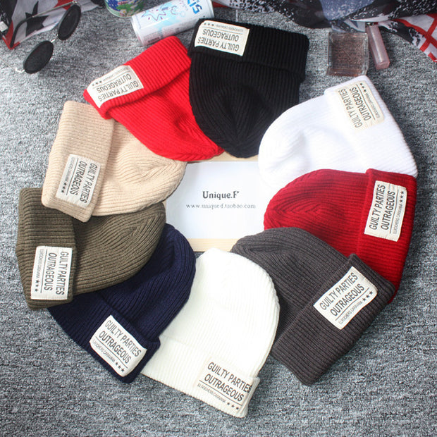 Three letter patch solid color couple knitted beanie