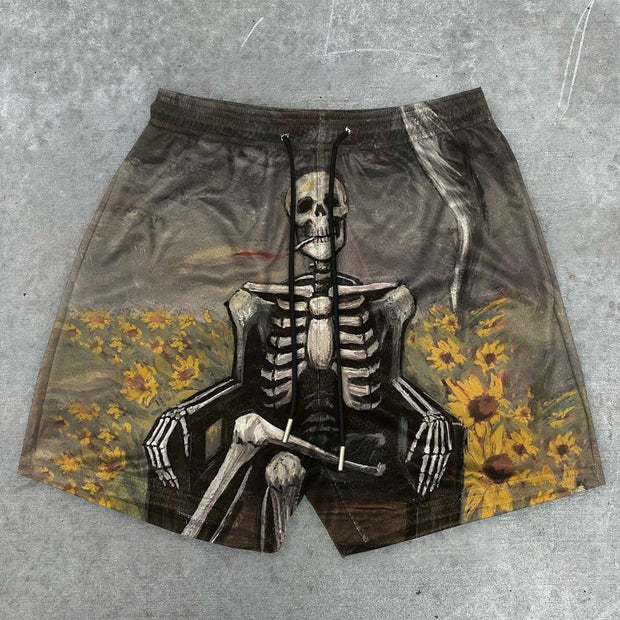 Sleek Vintage Skull Print Mesh Shorts