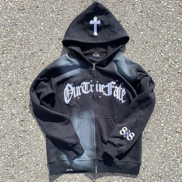 Casual Retro Print Zip Hoodie