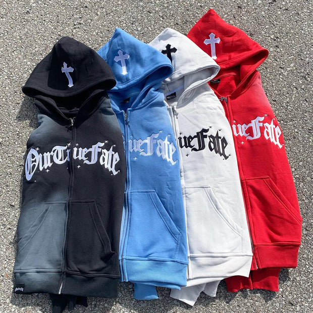 Casual Retro Print Zip Hoodie