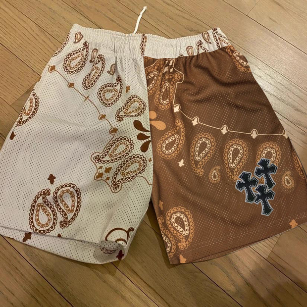 Colorblock cashew flower cross print track shorts