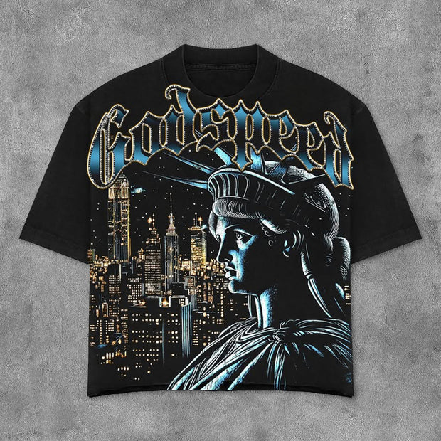 Statue Of Liberty City Print Short Sleeve T-Shirt