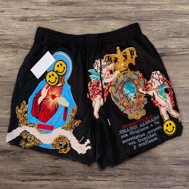 Retro element print casual elastic waist shorts