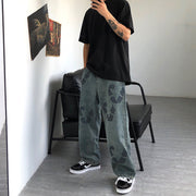 Retro loose graffiti print jeans loose straight wash trousers