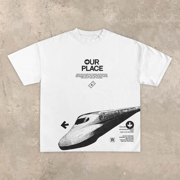 Vintage Street Train Print Short Sleeve T-Shirt