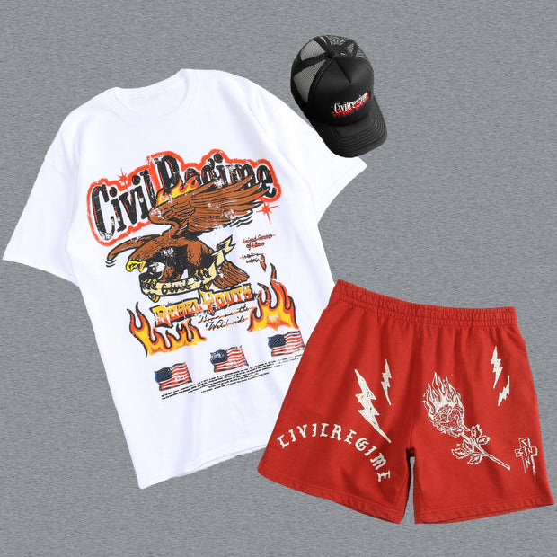 Casual Short Sleeve Printed T-Shirt Drawstring Shorts Two-Piece Set
