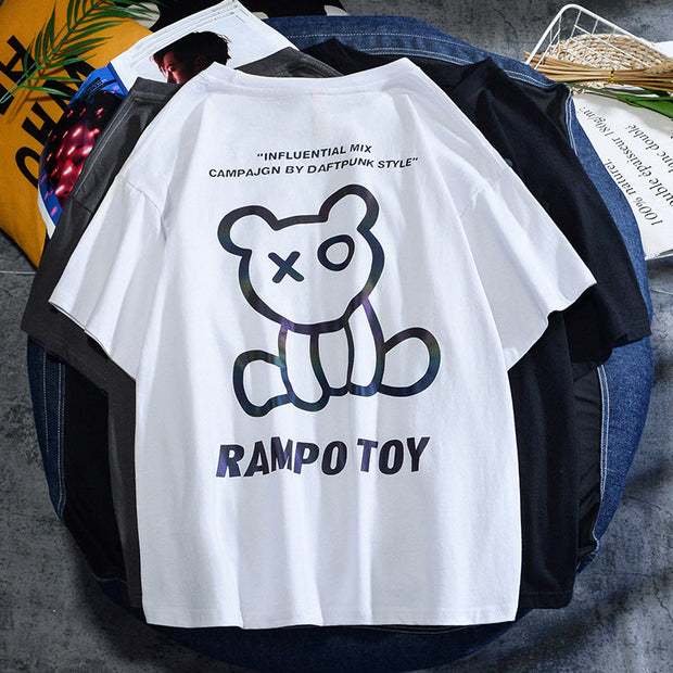 Reflective bear non-hooded t-shirt loose short sleeves