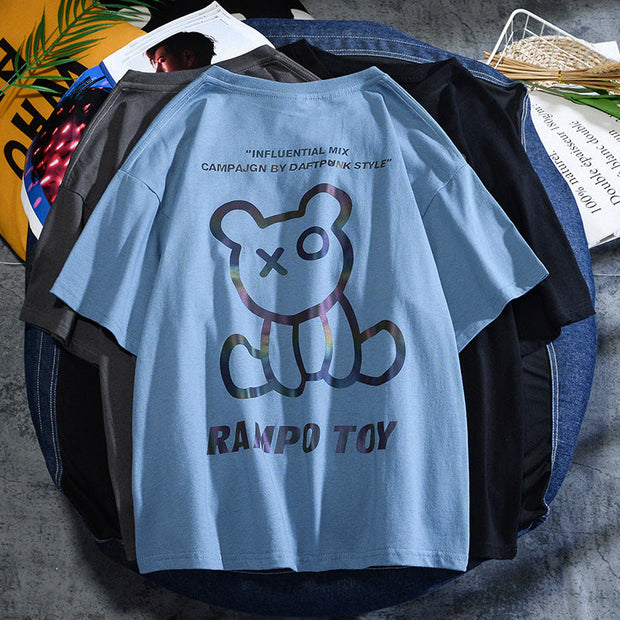 Reflective bear non-hooded t-shirt loose short sleeves