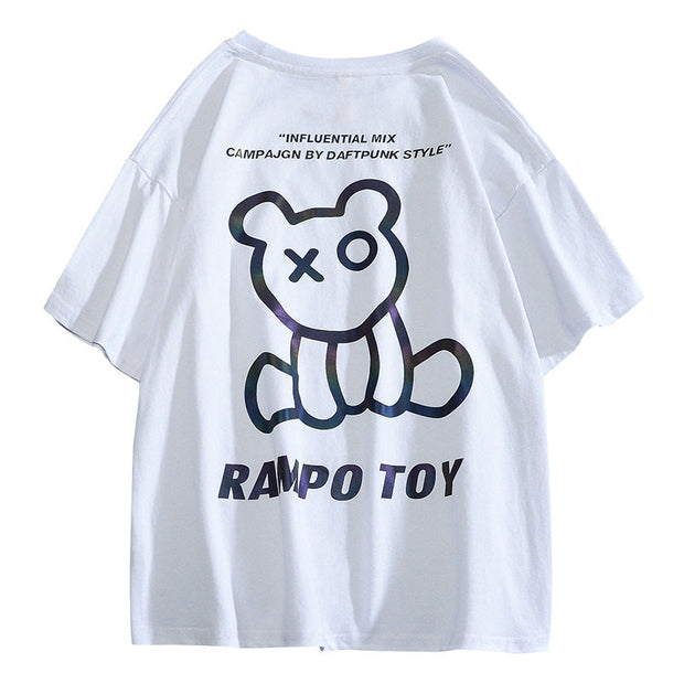 Reflective bear non-hooded t-shirt loose short sleeves