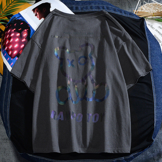 Reflective bear non-hooded t-shirt loose short sleeves
