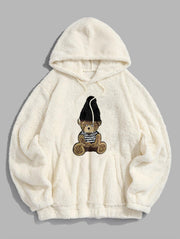 Casual Preppy Bear Pattern Plush Pullover Hoodie Set