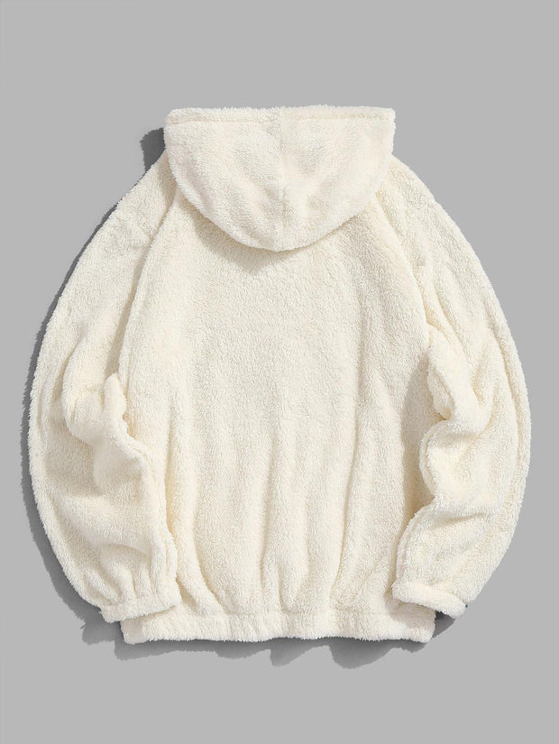 Casual Preppy Bear Pattern Plush Pullover Hoodie Set