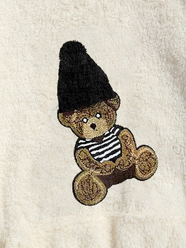 Casual Preppy Bear Pattern Plush Pullover Hoodie Set