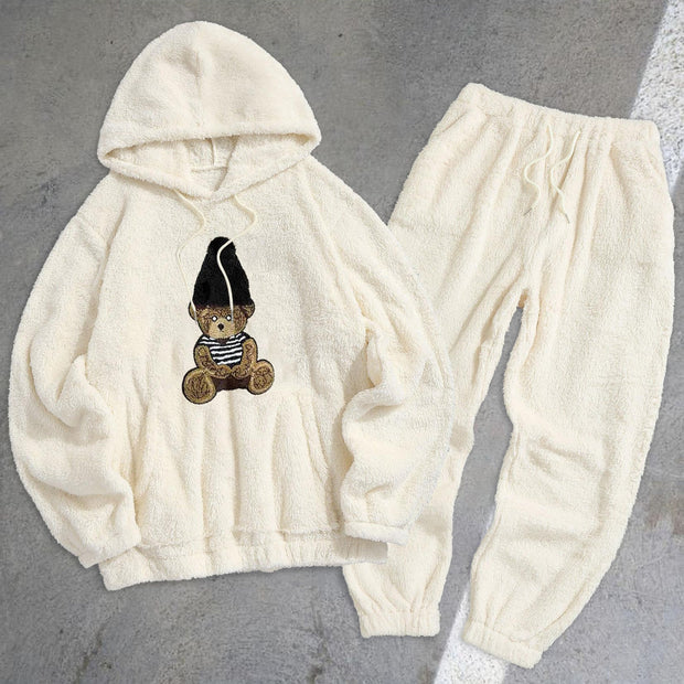 Casual Preppy Bear Pattern Plush Pullover Hoodie Set