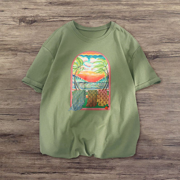 Art Print Orange Loose Short Sleeve T-Shirt