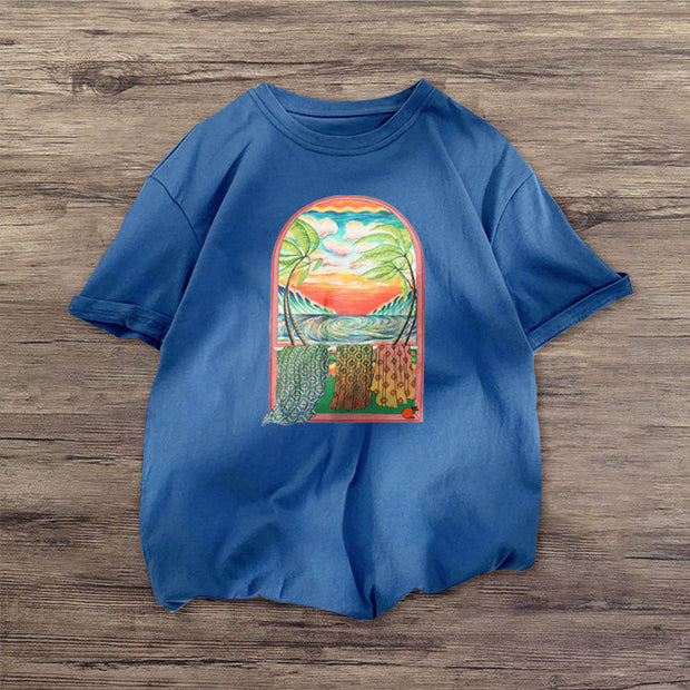 Art Print Orange Loose Short Sleeve T-Shirt