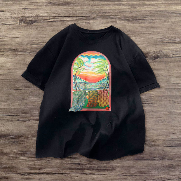 Art Print Orange Loose Short Sleeve T-Shirt