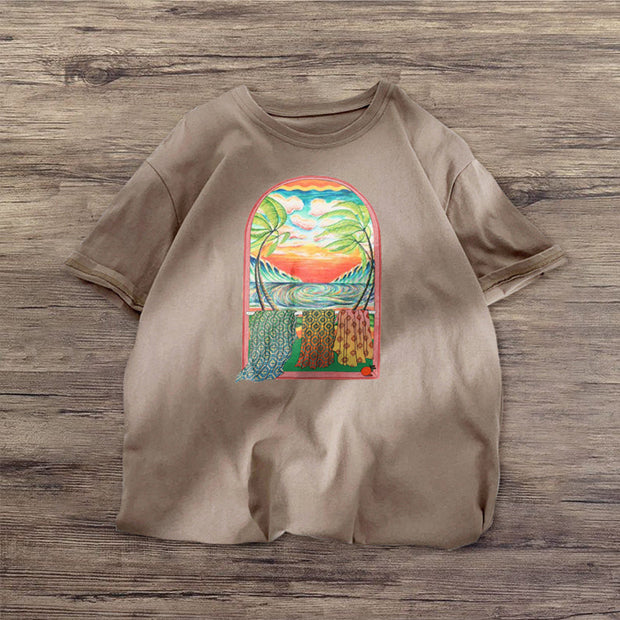 Art Print Orange Loose Short Sleeve T-Shirt