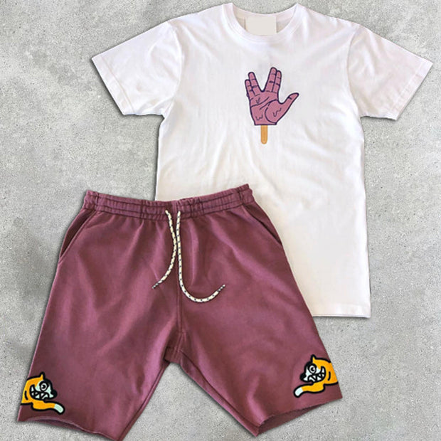 Gesture Print Colorblock Short Sleeve Two Piece