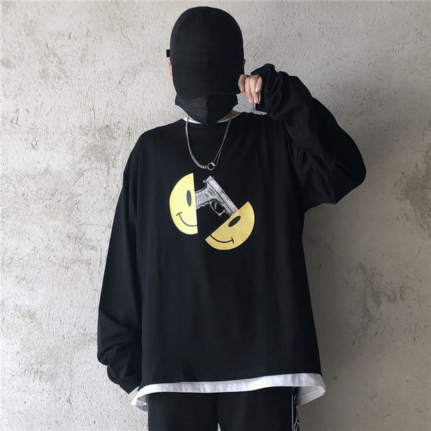 Retro smiley pistol print loose long sleeve T-shirt