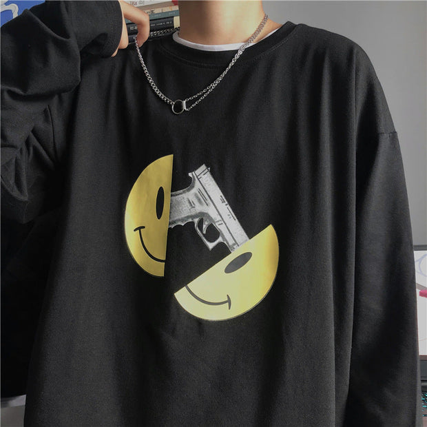 Retro smiley pistol print loose long sleeve T-shirt